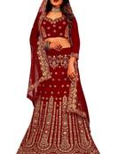 Maroon embroidered velvet semi stitched lehenga