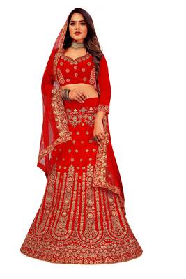 Red embroidered velvet semi stitched lehenga 1