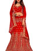 Red embroidered velvet semi stitched lehenga