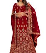 Maroon embroidered velvet semi stitched lehenga