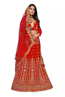 Red embroidered velvet semi stitched lehenga