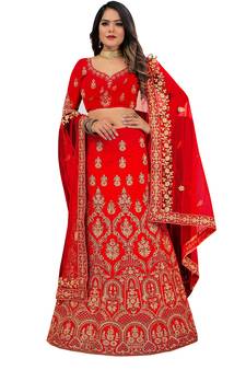 Red embroidered velvet semi stitched lehenga