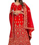 Red embroidered velvet semi stitched lehenga