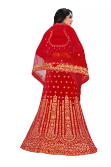 Red embroidered velvet semi stitched lehenga
