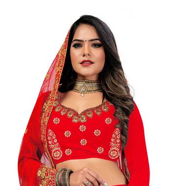 Red embroidered velvet semi stitched lehenga 4