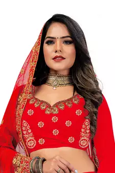 Red embroidered velvet semi stitched lehenga