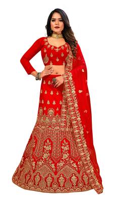 Red embroidered velvet semi stitched lehenga 1
