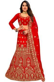 Red embroidered velvet semi stitched lehenga