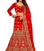 Red embroidered velvet semi stitched lehenga