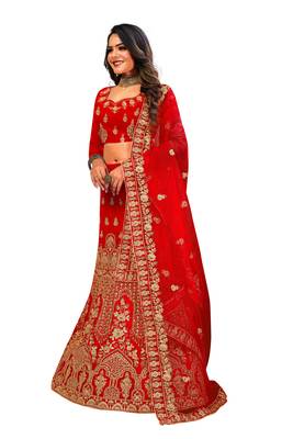 Red embroidered velvet semi stitched lehenga 2