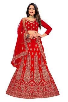 Red embroidered velvet semi stitched lehenga