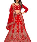 Red embroidered velvet semi stitched lehenga