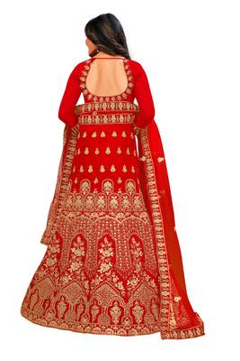 Red embroidered velvet semi stitched lehenga 3