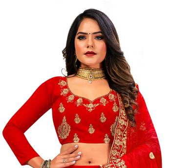 Red embroidered velvet semi stitched lehenga 4
