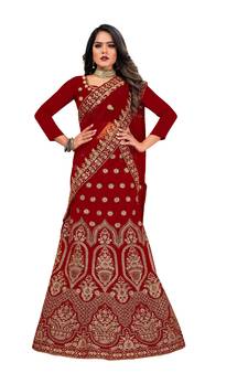 Maroon embroidered velvet semi stitched lehenga