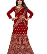 Maroon embroidered velvet semi stitched lehenga