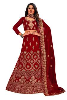 Maroon embroidered velvet semi stitched lehenga