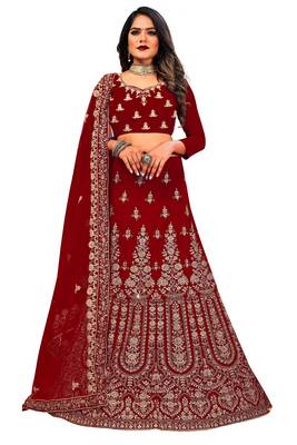 Maroon embroidered velvet semi stitched lehenga 1