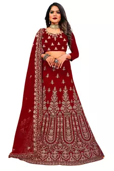 Maroon embroidered velvet semi stitched lehenga