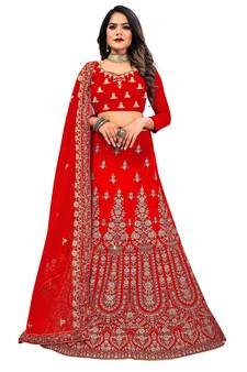 Red embroidered velvet semi stitched lehenga