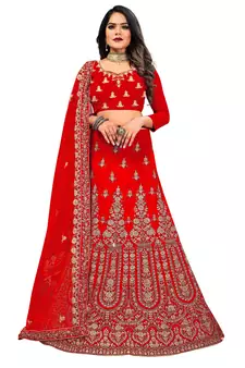 Red embroidered velvet semi stitched lehenga