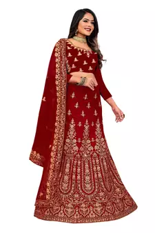 Maroon embroidered velvet semi stitched lehenga