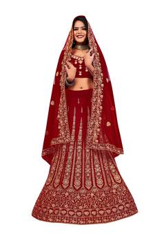 Maroon embroidered velvet semi stitched lehenga