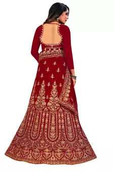 Maroon embroidered velvet semi stitched lehenga