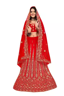 Red embroidered velvet semi stitched lehenga