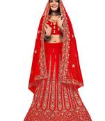 Red embroidered velvet semi stitched lehenga