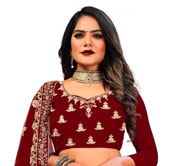 Maroon embroidered velvet semi stitched lehenga 4