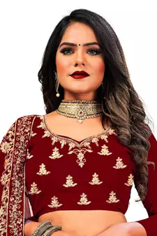 Maroon embroidered velvet semi stitched lehenga
