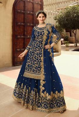  Blue Soft Net Shtraight cut Sharara style suit In Heavy embroidery work  1