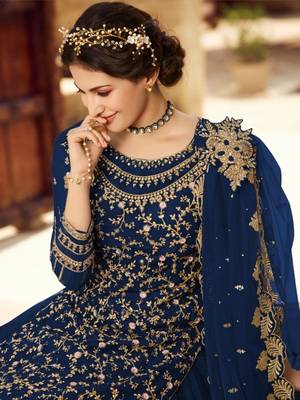  Blue Soft Net Shtraight cut Sharara style suit In Heavy embroidery work  2
