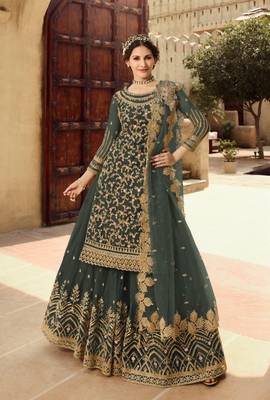Dark Grey Soft Net Shtraight cut Sharara style suit In Heavy embroidery work  1