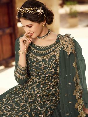 Dark Grey Soft Net Shtraight cut Sharara style suit In Heavy embroidery work  2
