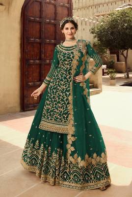 Green Soft Net Shtraight cut Sharara style suit In Heavy embroidery work  1