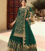 Green Soft Net Shtraight cut Sharara style suit In Heavy embroidery work 