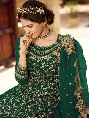 Green Soft Net Shtraight cut Sharara style suit In Heavy embroidery work  2