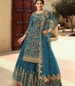 Aqua Blue Soft Net Shtraight cut Sharara style suit In Heavy embroidery work 