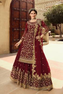 Maroon Soft Net Straight cut Gharara style suit In Heavy embroidery work  1