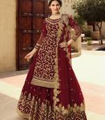 Maroon Soft Net Straight cut Gharara style suit In Heavy embroidery work 