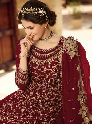 Maroon Soft Net Straight cut Gharara style suit In Heavy embroidery work  2
