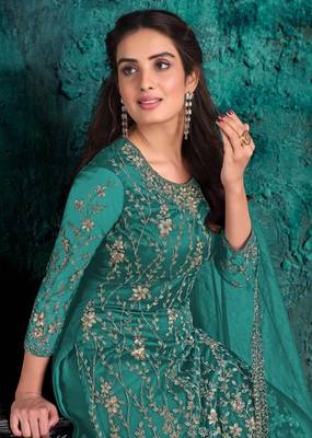 Rama Soft Net Shtraight cut Plazzo style suit In Heavy embroidery work  2