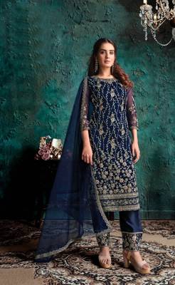 Blue Soft Net Shtraight cut Plazzo style suit In Heavy embroidery work  1