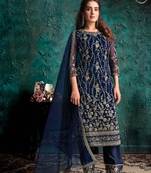 Blue Soft Net Shtraight cut Plazzo style suit In Heavy embroidery work 