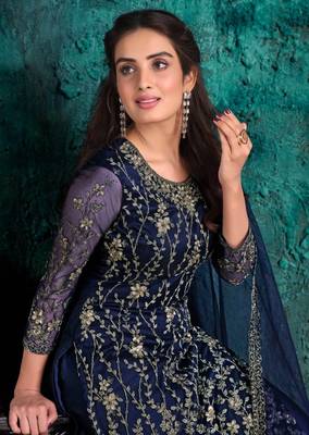 Blue Soft Net Shtraight cut Plazzo style suit In Heavy embroidery work  2