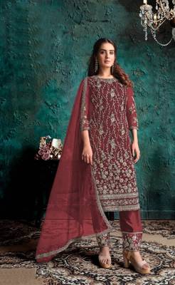 Maroon Soft Net Shtraight cut Plazzo style suit In Heavy embroidery work  1