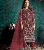 Maroon Soft Net Shtraight cut Plazzo style suit In Heavy embroidery work 