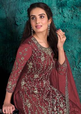 Maroon Soft Net Shtraight cut Plazzo style suit In Heavy embroidery work  2